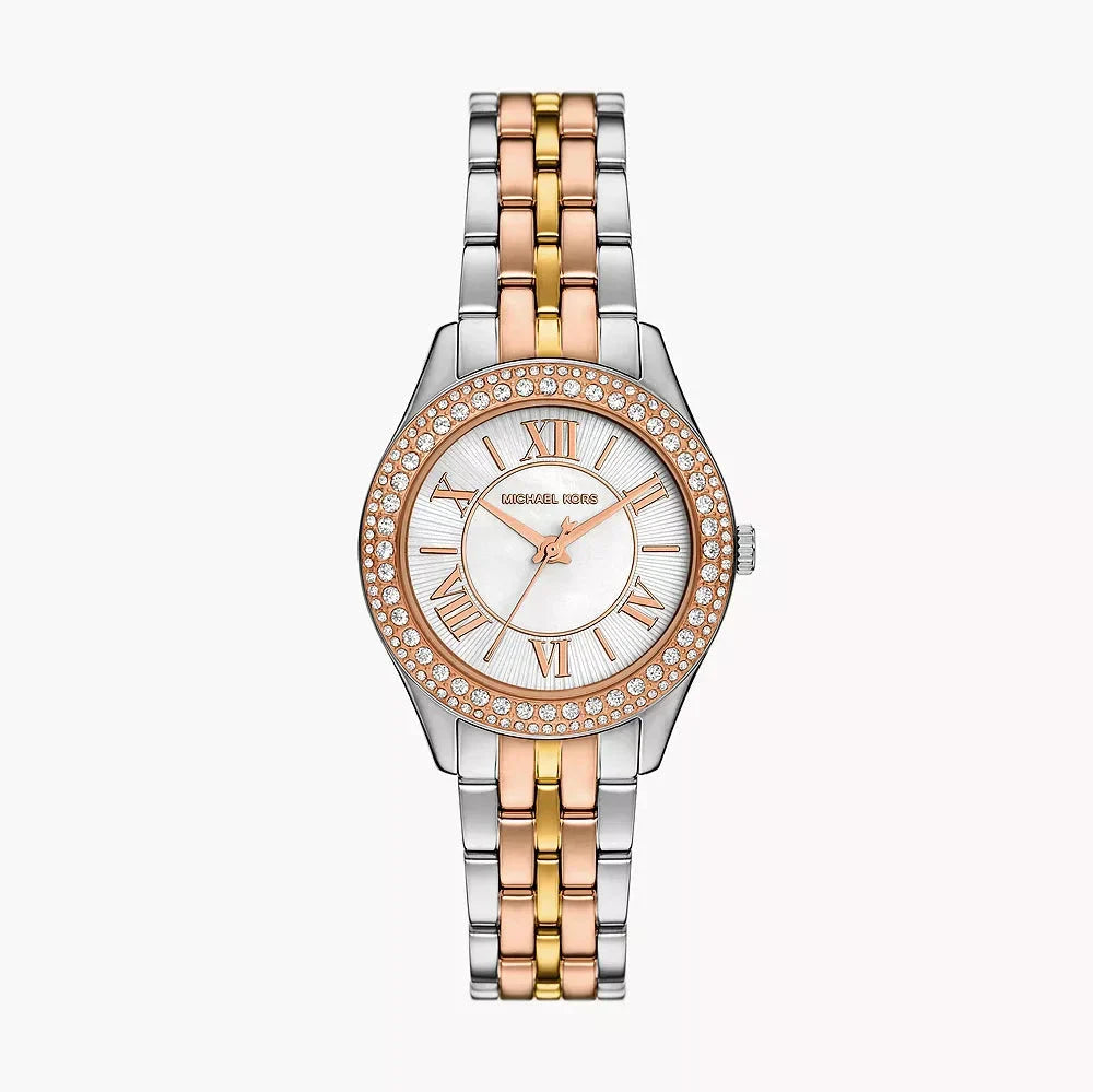  Shop Authentic Michael Kors Harlowe Three-Hand Mother of Pearl White Dial Tri Tone Steel Strap Watch for Women - MK4846 - Luxxuri