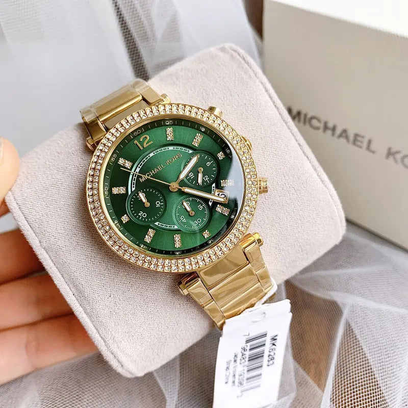  Shop Authentic Michael Kors Parker Chronograph Green Dial Gold Steel Strap Watch for Women - MK6263 - Luxxuri
