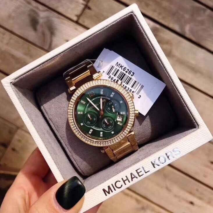  Shop Authentic Michael Kors Parker Chronograph Green Dial Gold Steel Strap Watch for Women - MK6263 - Luxxuri