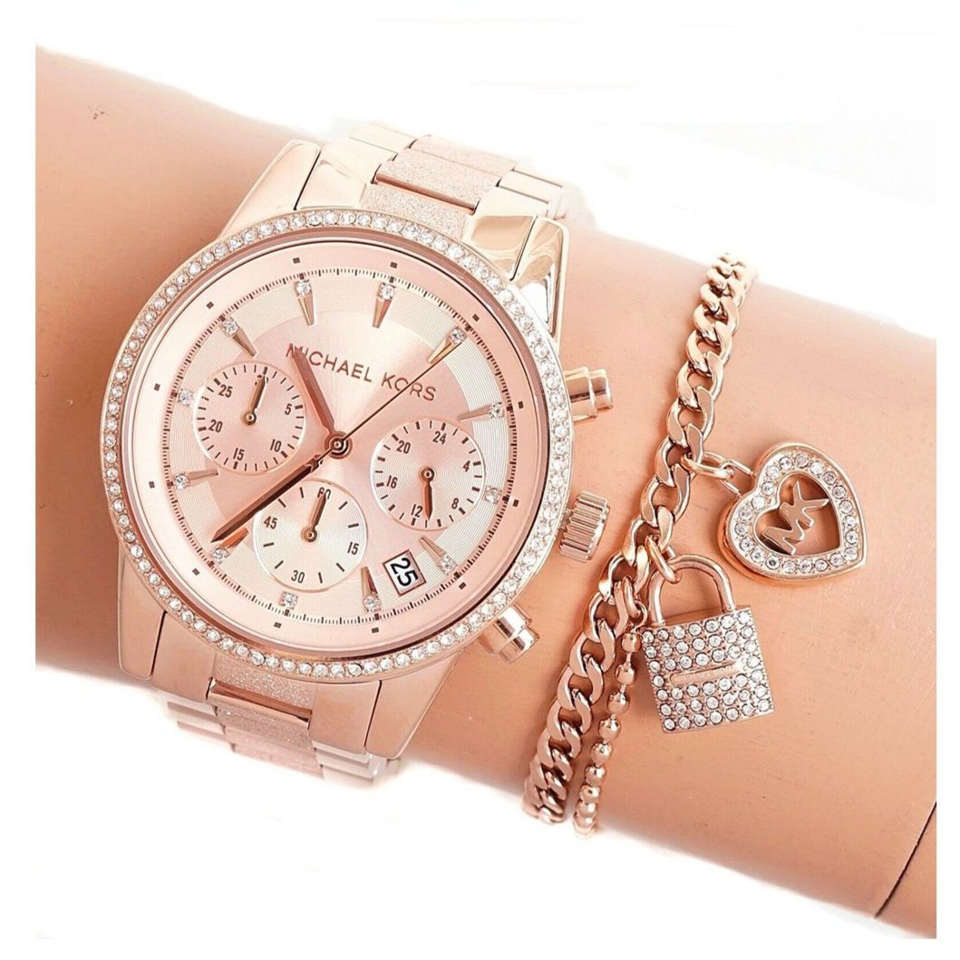  Shop Authentic Michael Kors Ritz Chronograph Rose Gold Dial Rose Gold Steel Strap Watch For Women - MK6598 - Luxxuri