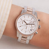  Shop Authentic Michael Kors Ritz Chronograph White Dial Two Tone Steel Strap Watch For Women - MK6651 - Luxxuri