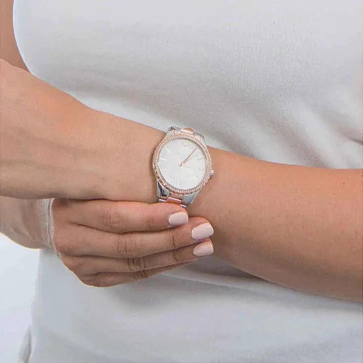  Shop Authentic Michael Kors Layton Three Hand Mother of Pearl White Dial Two Tone Steel Strap Watch For Women - MK6849 - Luxxuri