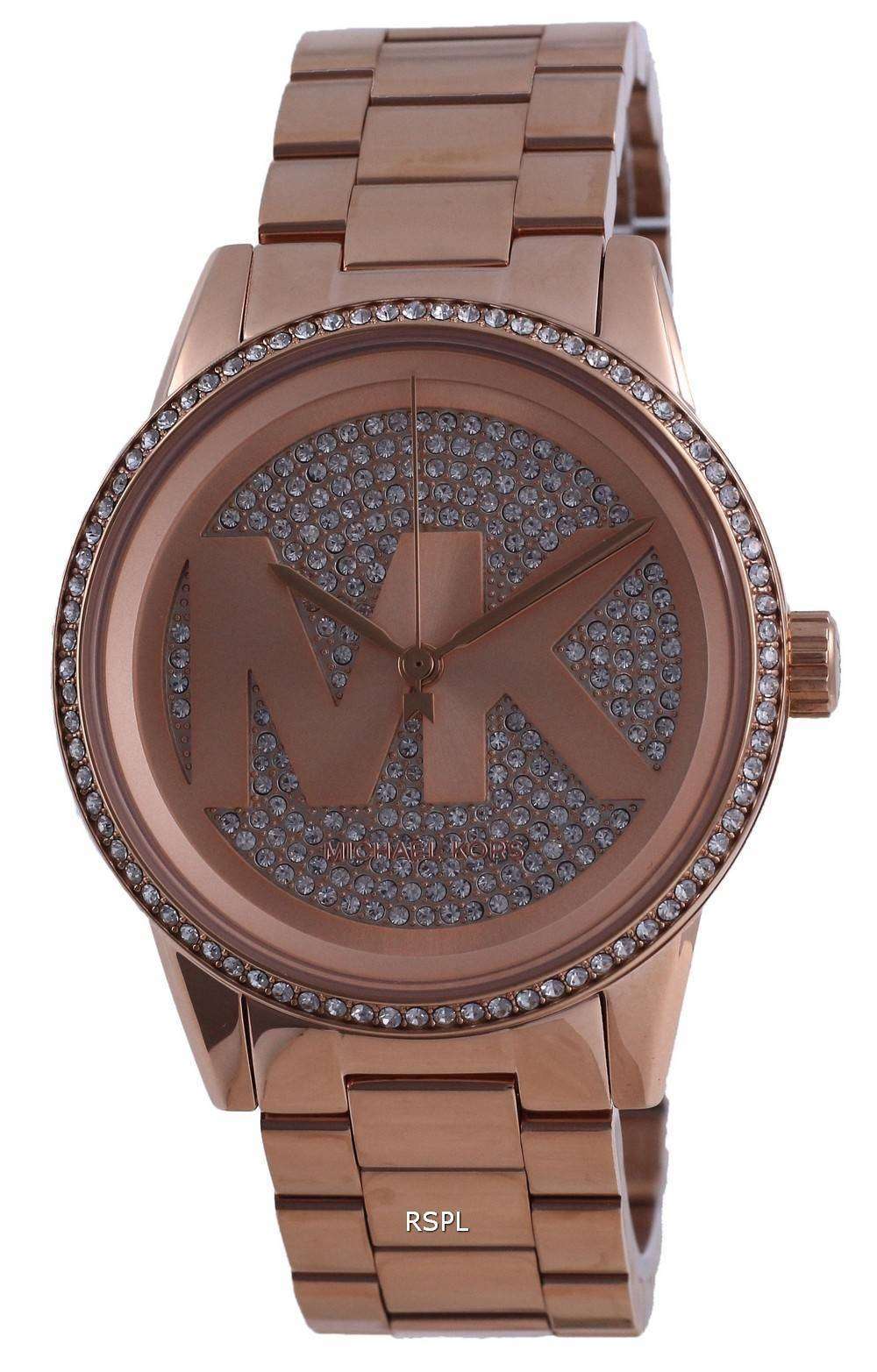 Michael Kors Ritz Analog Crystals Silver Dial Rose Gold Steel Strap Watch for Women - MK6863
