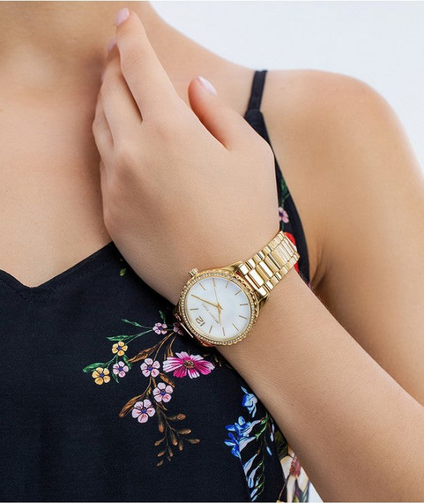  Shop Authentic Michael Kors Layton Three Hand Mother of Pearl White Dial Gold Steel Strap Watch For Women - MK6870 - Luxxuri