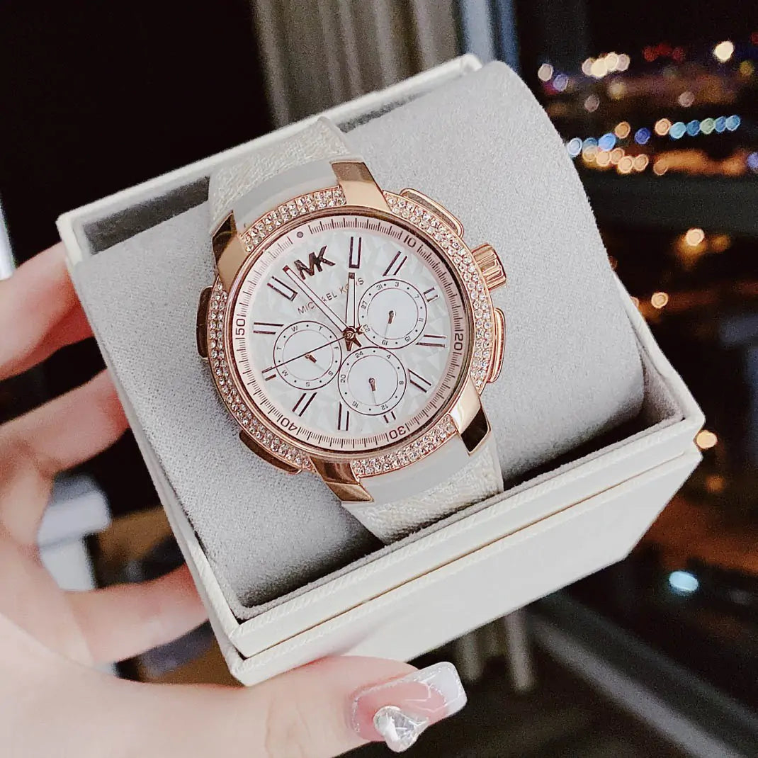 Michael Kors Sidney Chronograph White Dial Beige Leather Strap Watch For Women - MK6949