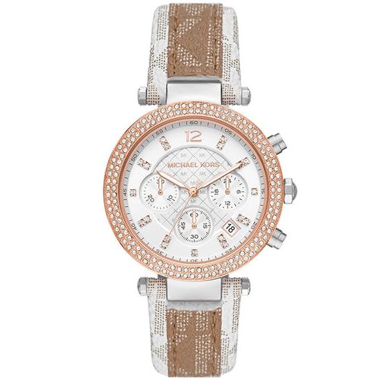  Shop Authentic Michael Kors Parker Chronograph White Dial Two Tone Leather Strap Watch For Women - MK6950 - Luxxuri
