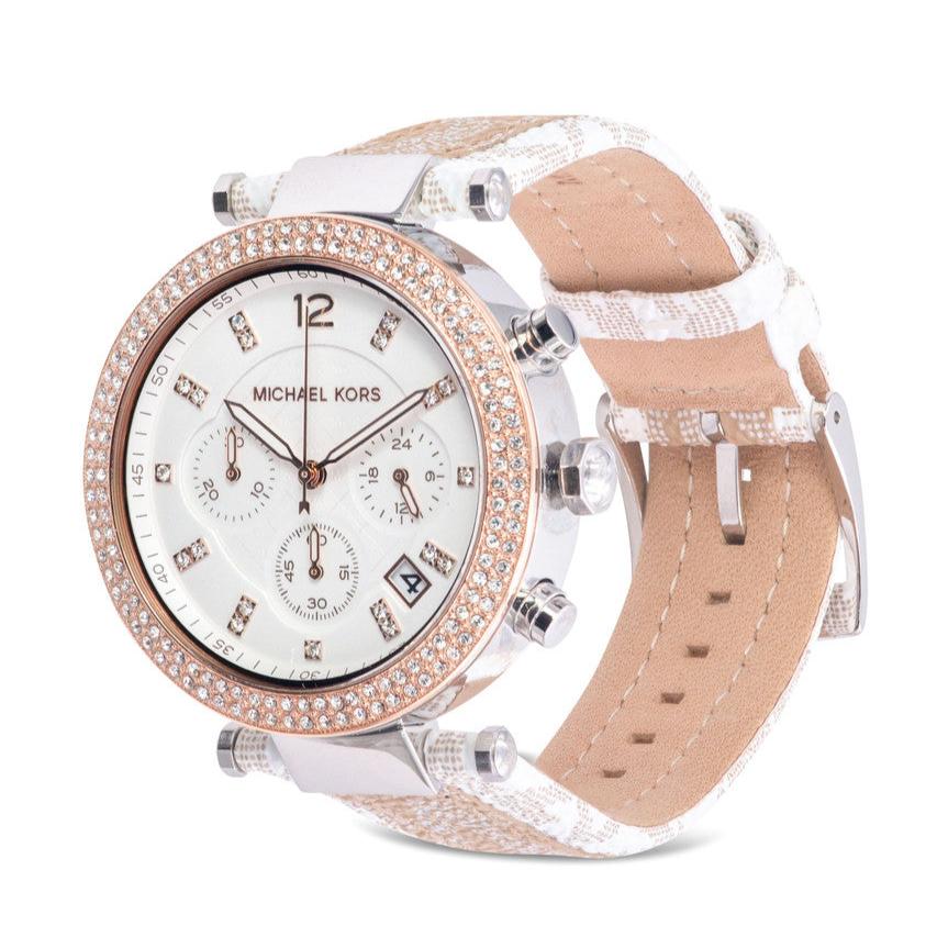 Shop Authentic Michael Kors Parker Chronograph White Dial Two Tone Leather Strap Watch For Women - MK6950 - Luxxuri