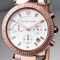  Shop Authentic Michael Kors Parker Chronograph White Dial Two Tone Leather Strap Watch For Women - MK6951 - Luxxuri