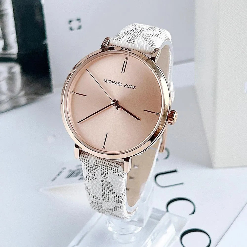  Shop Authentic Michael Kors Jayne Three Hand Rose Gold Dial White Leather Strap Watch For Women - MK7128 - Luxxuri