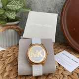  Shop Authentic Michael Kors Janelle Three Hand Silver Dial White Rubber Strap Watch For Women - MK7141 - Luxxuri