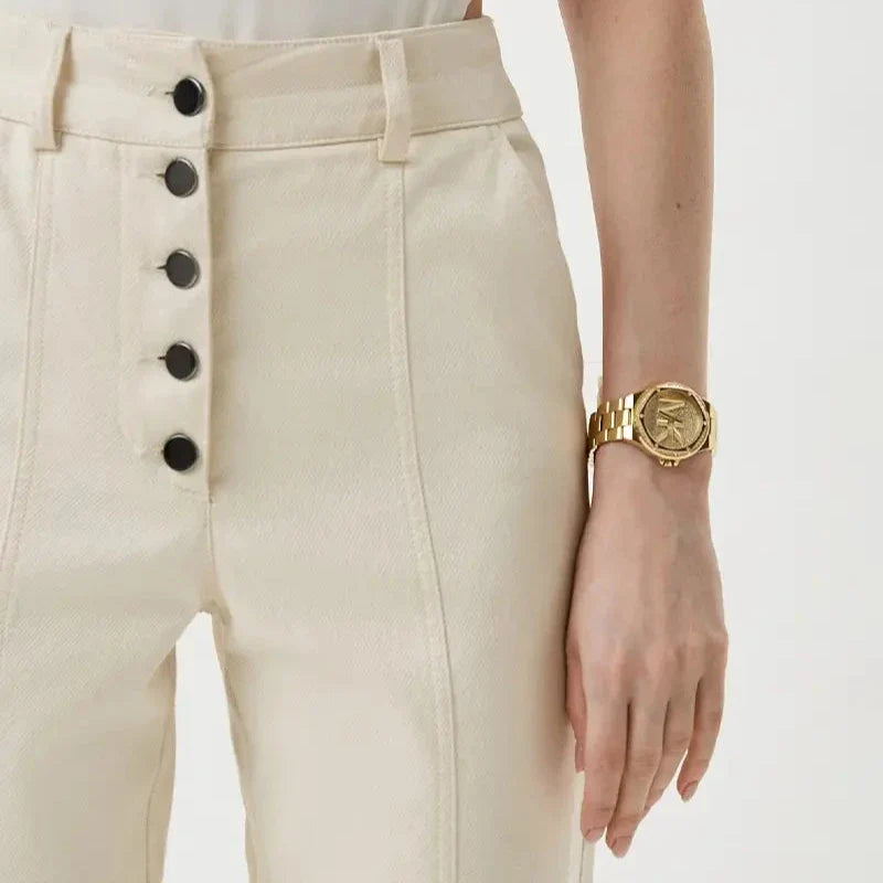  Shop Authentic Michael Kors Lennox Three Hand Gold Dial Gold Steel Strap Watch For Women - MK7229 - Luxxuri