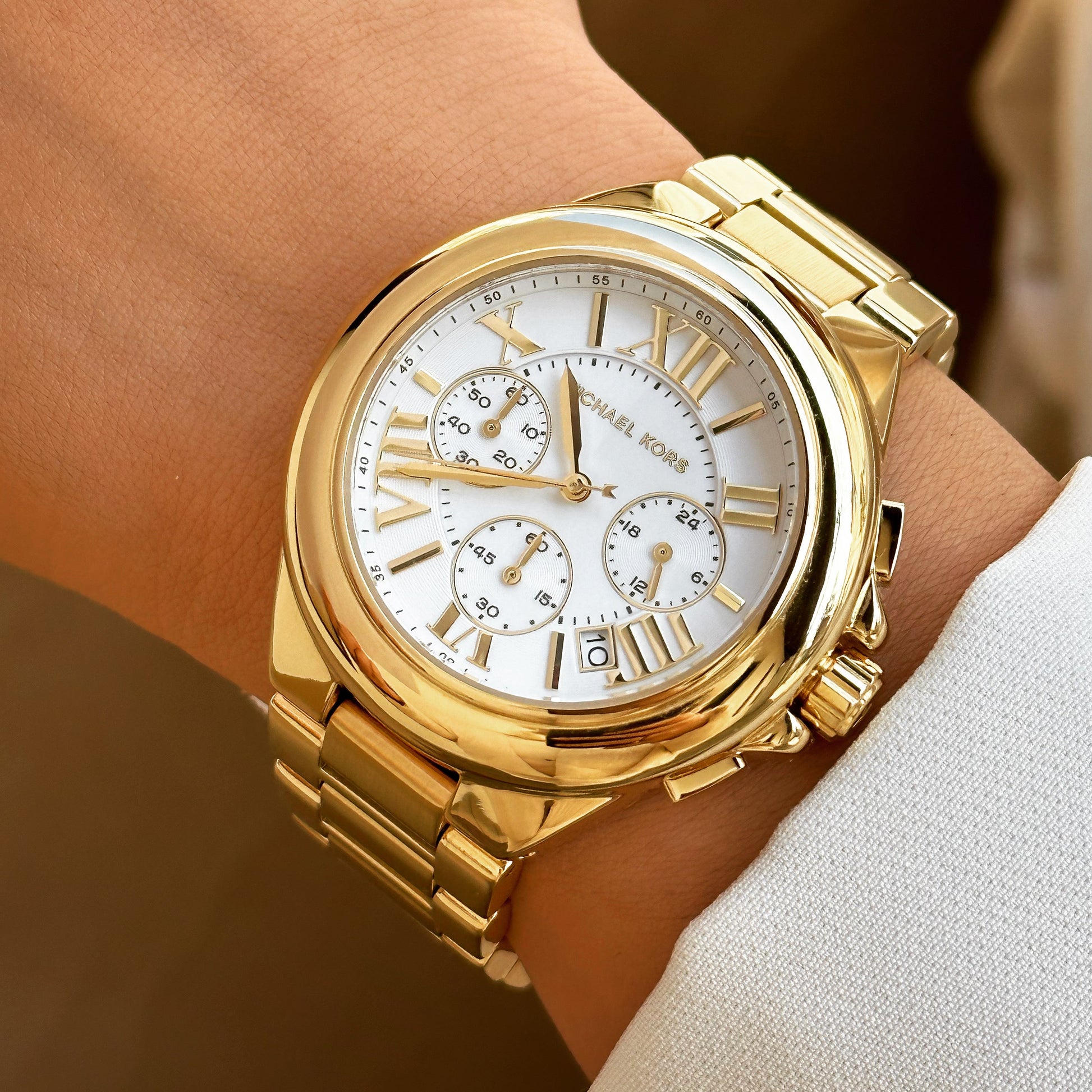  Shop Authentic Michael Kors Camille Chronograph White Dial Gold Steel Strap Watch For Women - MK7270 - Luxxuri