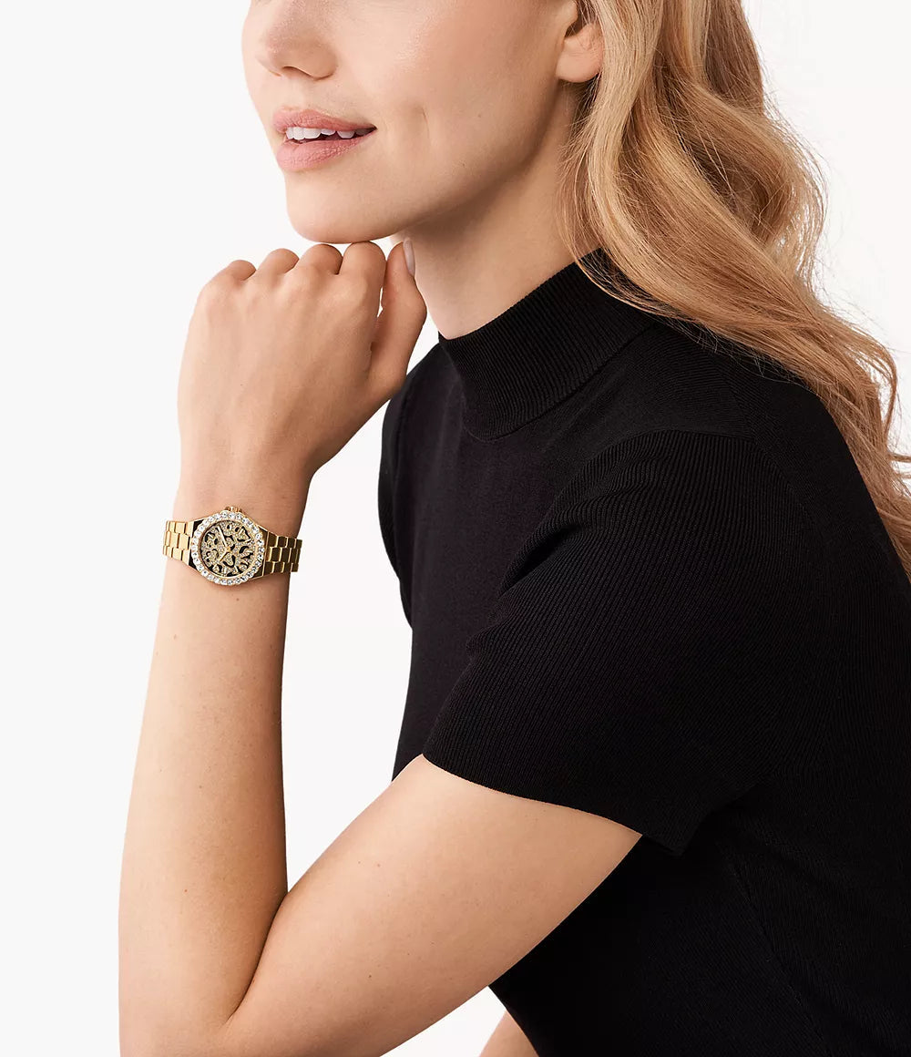  Shop Authentic Michael Kors Raquel Three Hand Crystals Gold Dial Gold Steel Strap Watch For Women - MK7398 - Luxxuri