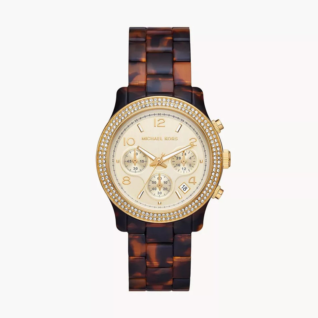 Michael Kors Runway Chronograph Gold Dial Brown Acetate Strap Watch for Women - MK7475