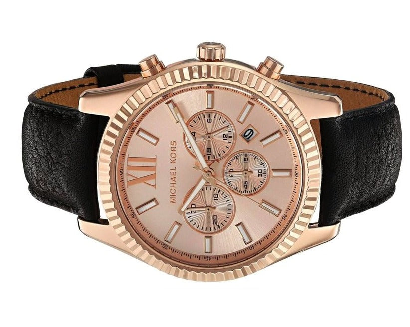  Shop Authentic Michael Kors Lexington Chronograph Rose Gold Dial Black Leather Strap Watch For Men - MK8516 - Luxxuri