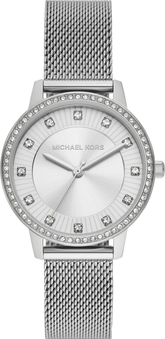 Michael Kors Quartz Crystals White Dial Silver Mesh Strap Watch for Women - MKO1013