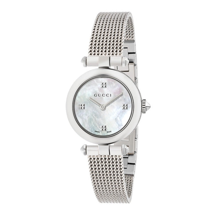  Shop Authentic Gucci Diamantissima Quartz Diamonds Mother of Pearl Dial Silver Mesh Bracelet Watch for Women - YA141504 - Luxxuri