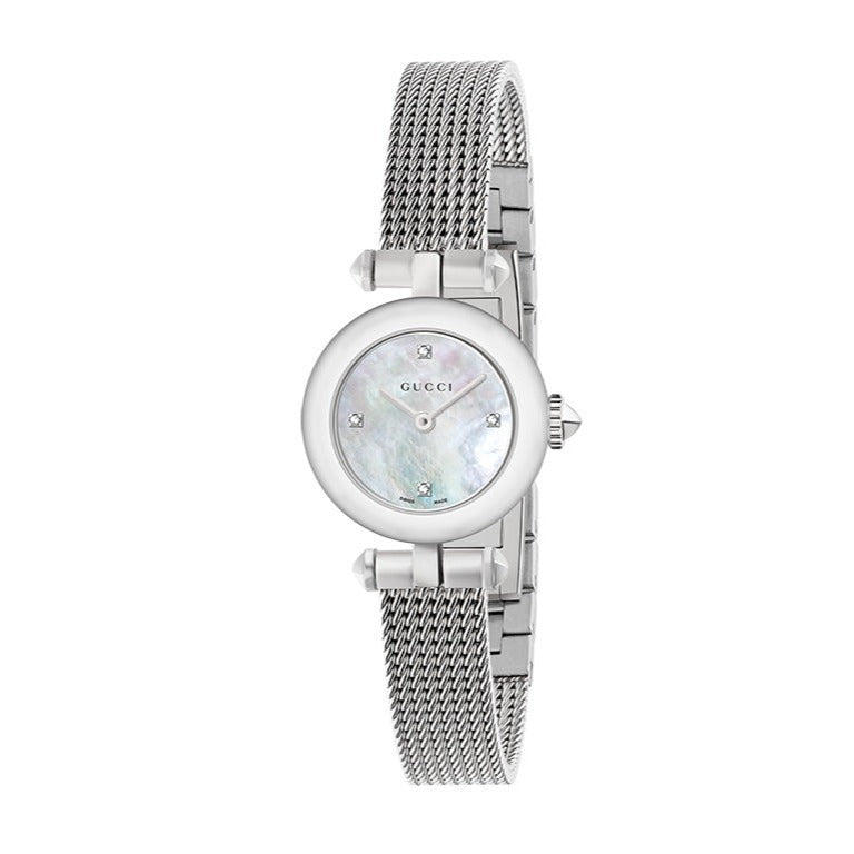  Shop Authentic Gucci Diamantissima Diamonds Mother of Pearl Dial Silver Mesh Bracelet Watch for Women - YA141512 - Luxxuri