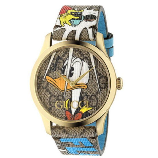  Shop Authentic Gucci G Timeless Disney Donald Duck Brown Dial Brown Leather Strap Watch For Women - YA1264167 - Luxxuri