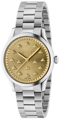  Shop Authentic Gucci G Timeless Quartz Gold Dial Silver Steel Strap Watch for Women - YA1265035 - Luxxuri