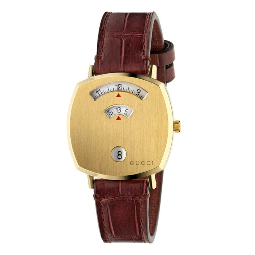  Shop Authentic Gucci Grip Quartz Gold Dial Maroon Leather Strap Watch For Women - YA157402 - Luxxuri