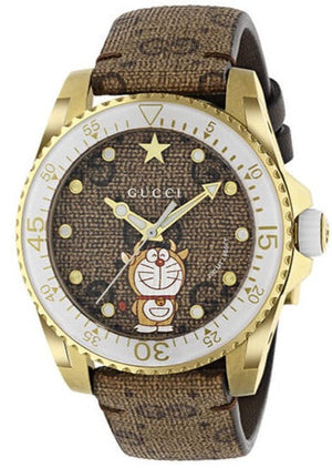  Shop Authentic Gucci Dive Doraemon Brown Dial Brown Leather Strap Watch For Men - YA136334 - Luxxuri