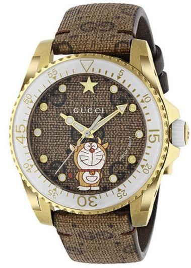  Shop Authentic Gucci Dive Doraemon Brown Dial Brown Leather Strap Watch For Men - YA136334 - Luxxuri