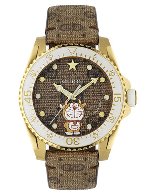  Shop Authentic Gucci Dive Doraemon Brown Dial Brown Leather Strap Watch For Men - YA136334 - Luxxuri