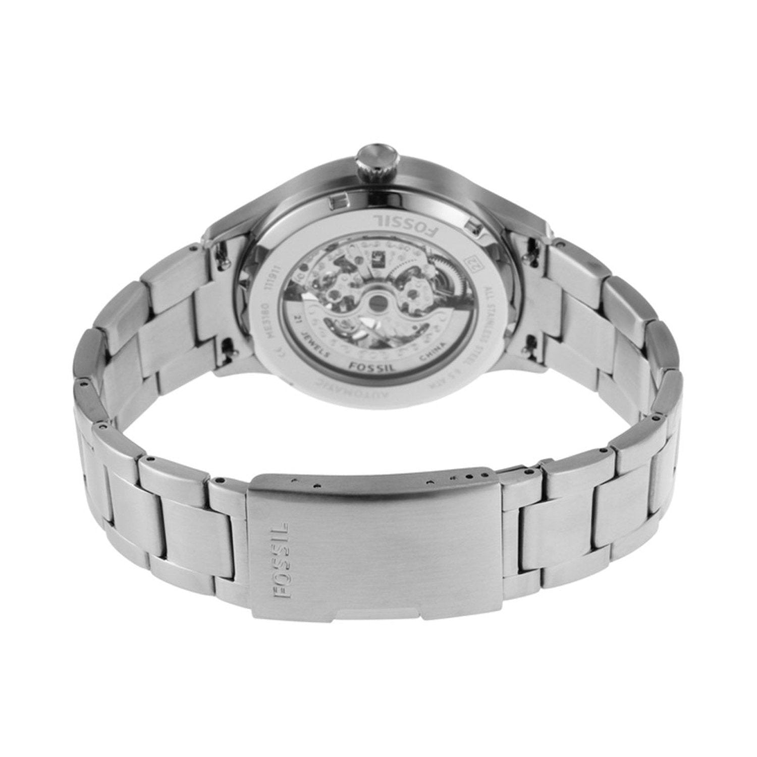  Shop Authentic Fossil Forrester Automatic Skeleton Black Dial Silver Steel Strap Watch for Men - ME3180 - Luxxuri