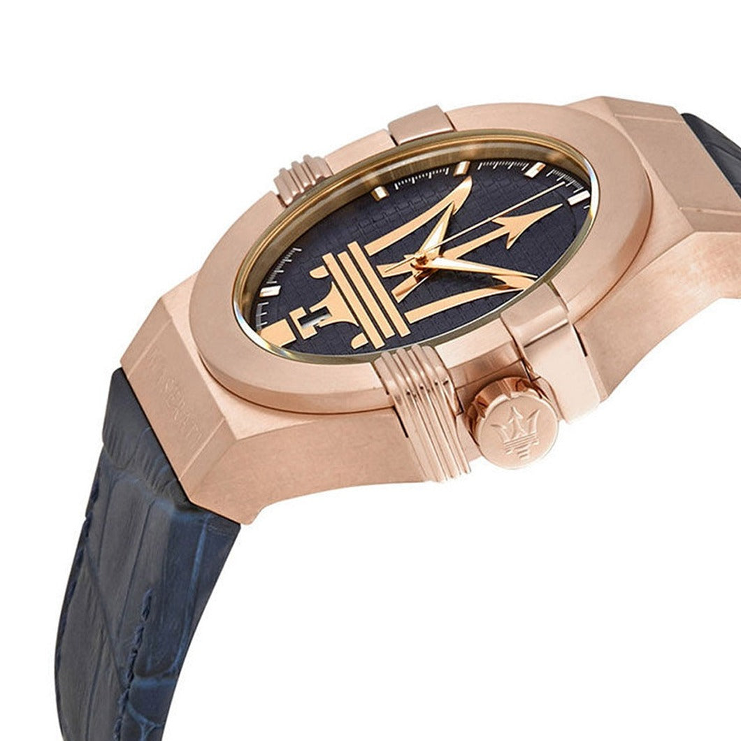  Shop Authentic Maserati Potenza 42mm Rose Gold & Blue Dial Blue Leather Strap Watch For Men - R8851108027 - Luxxuri