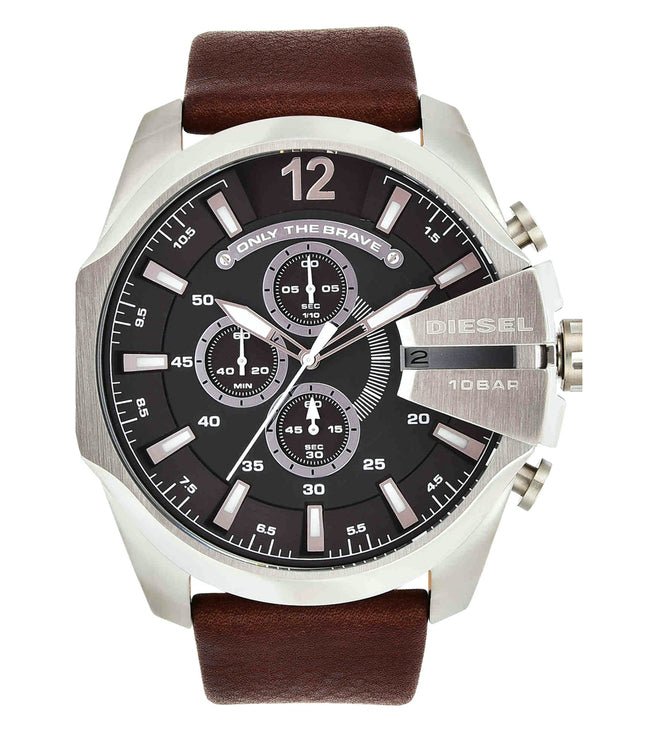  Shop Authentic Diesel Mega Chief Black & Silver Round Dial Brown Leather Strap Watch For Men - DZ4290 - Luxxuri