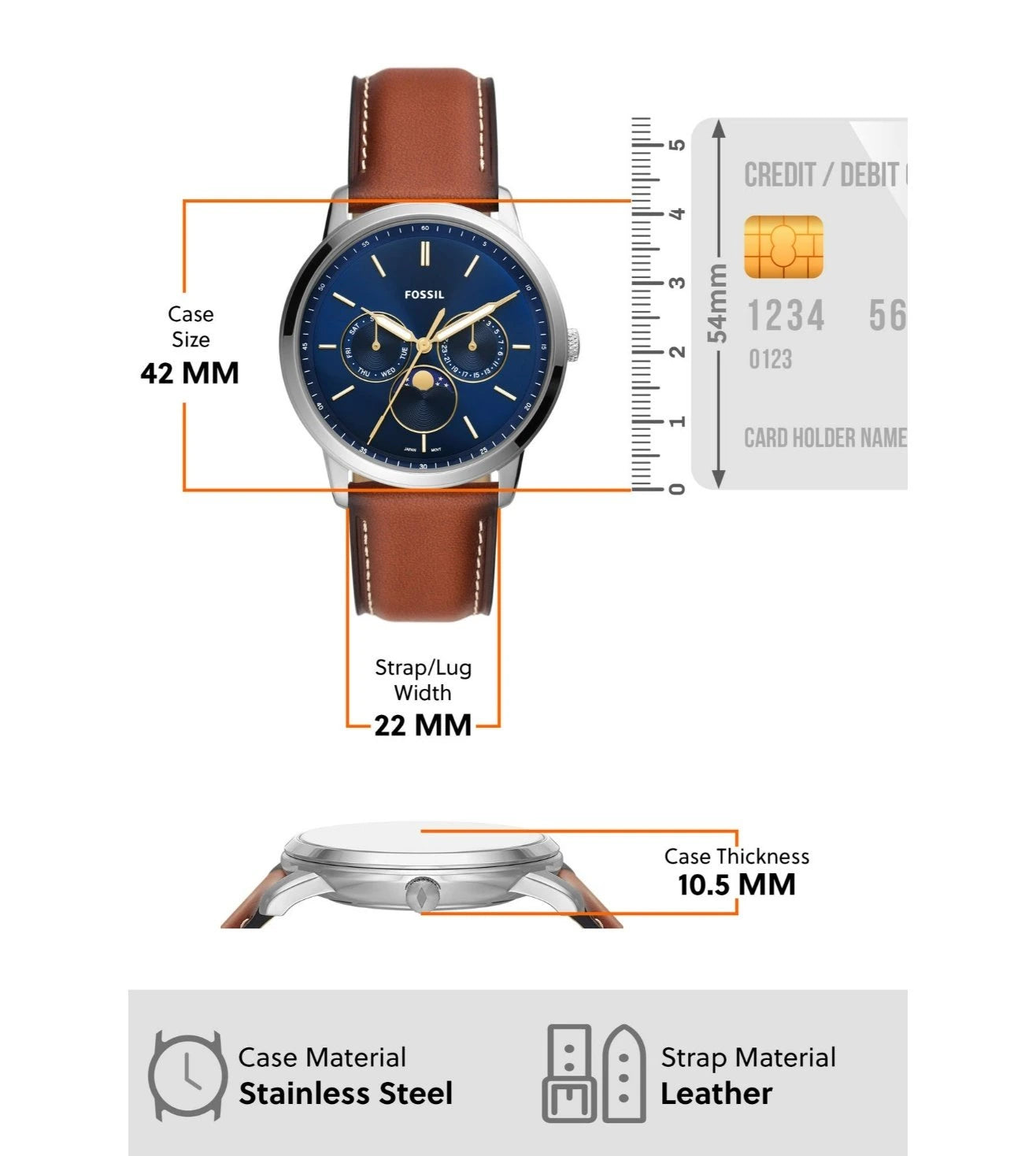 Fossil Neutra Minimalist Moonphase Blue Dial Brown Leather Strap Watch for Men - FS5903