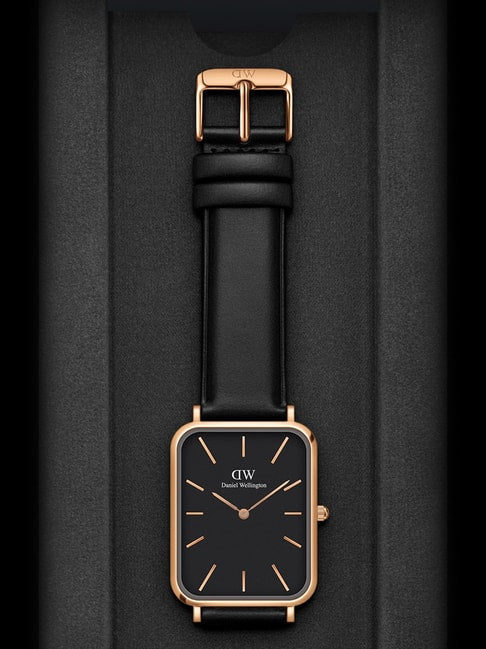 Daniel Wellington Quadro Black Dial Black Leather Strap Watch For Women  - DW00100449