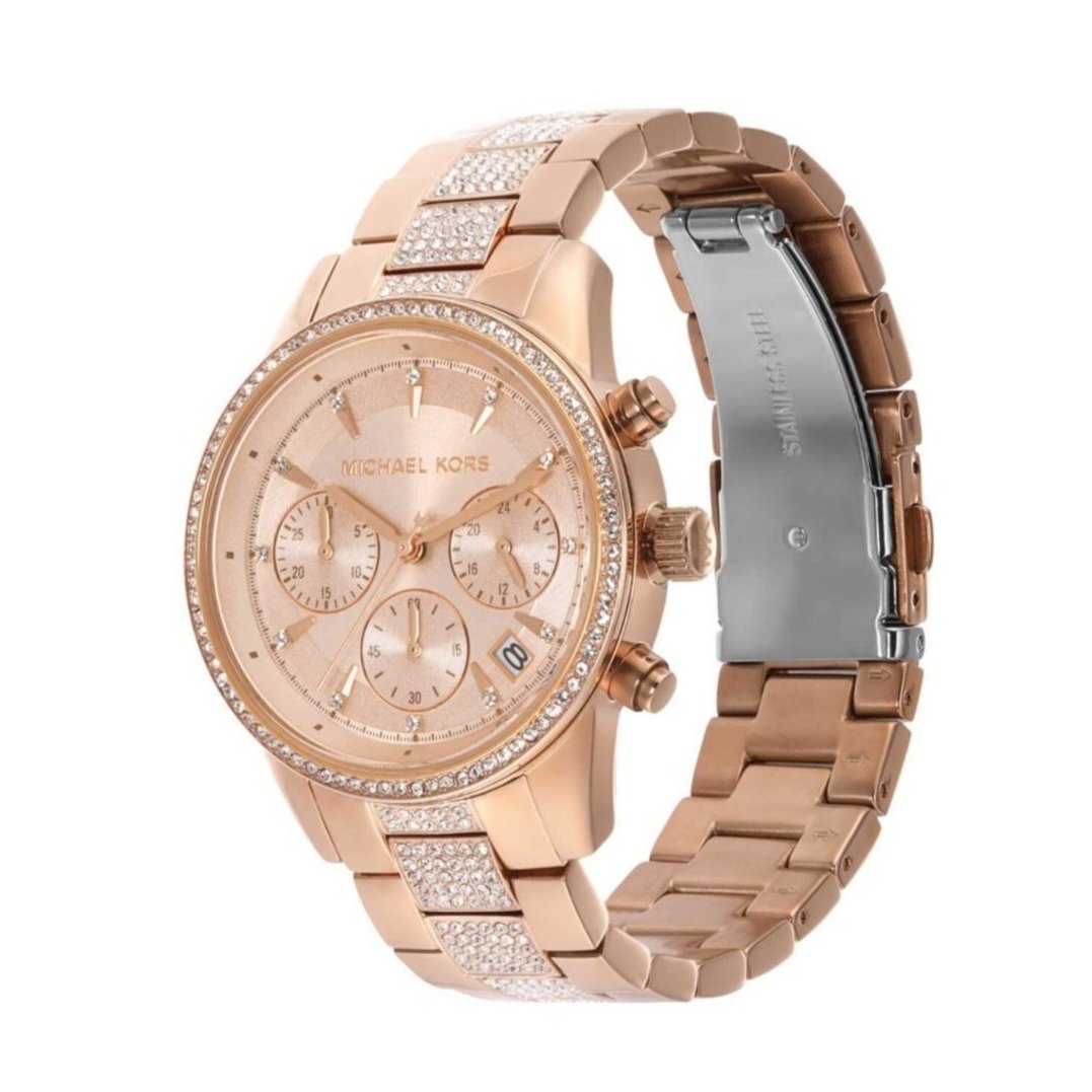  Shop Authentic Michael Kors Ritz Chronograph Rose Gold Dial Rose Gold Steel Strap Watch For Women - MK6485 - Luxxuri