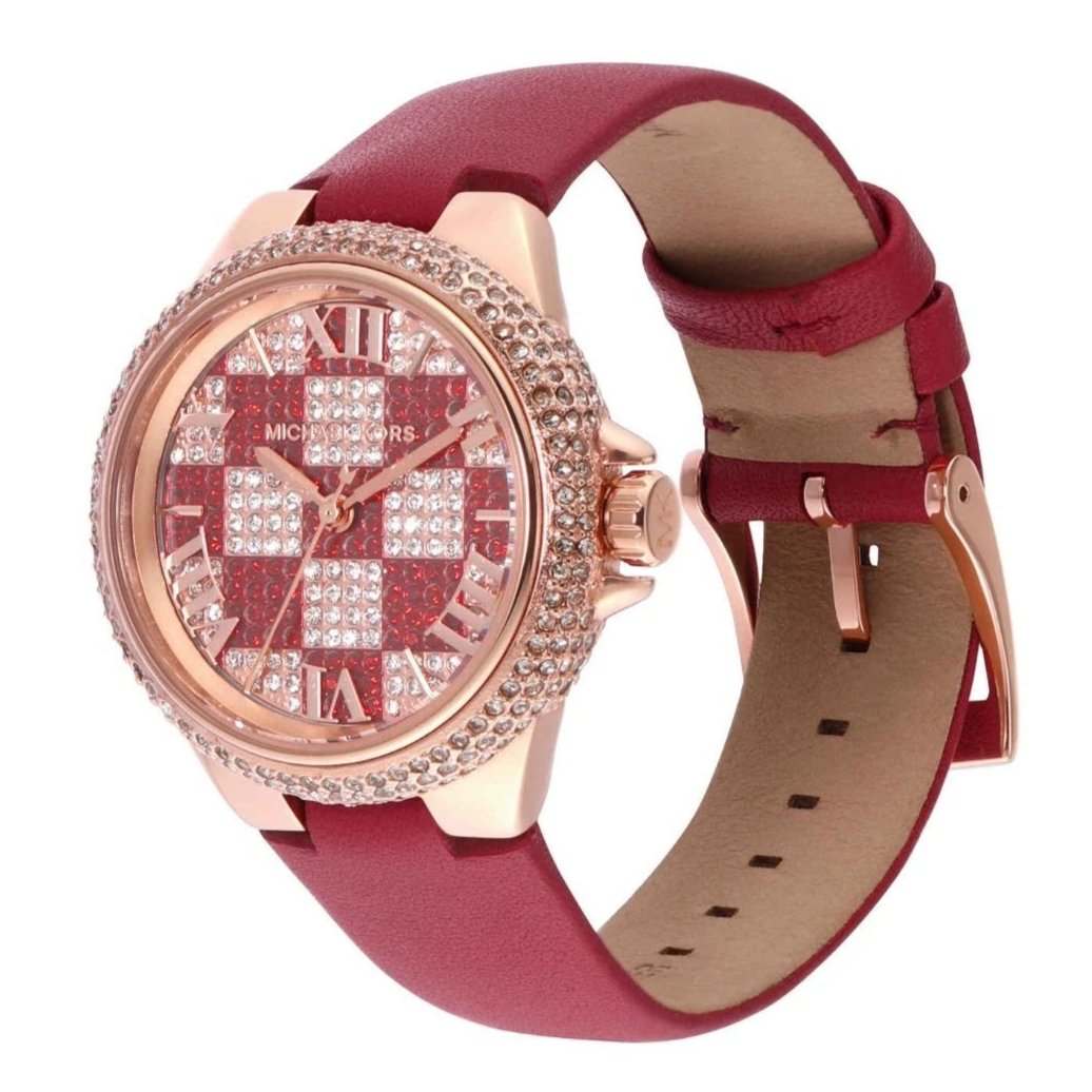  Shop Authentic Michael Kors Camille Three Hand Crystals Rose Gold Dial Red Leather Strap Watch For Women - MK4701 - Luxxuri