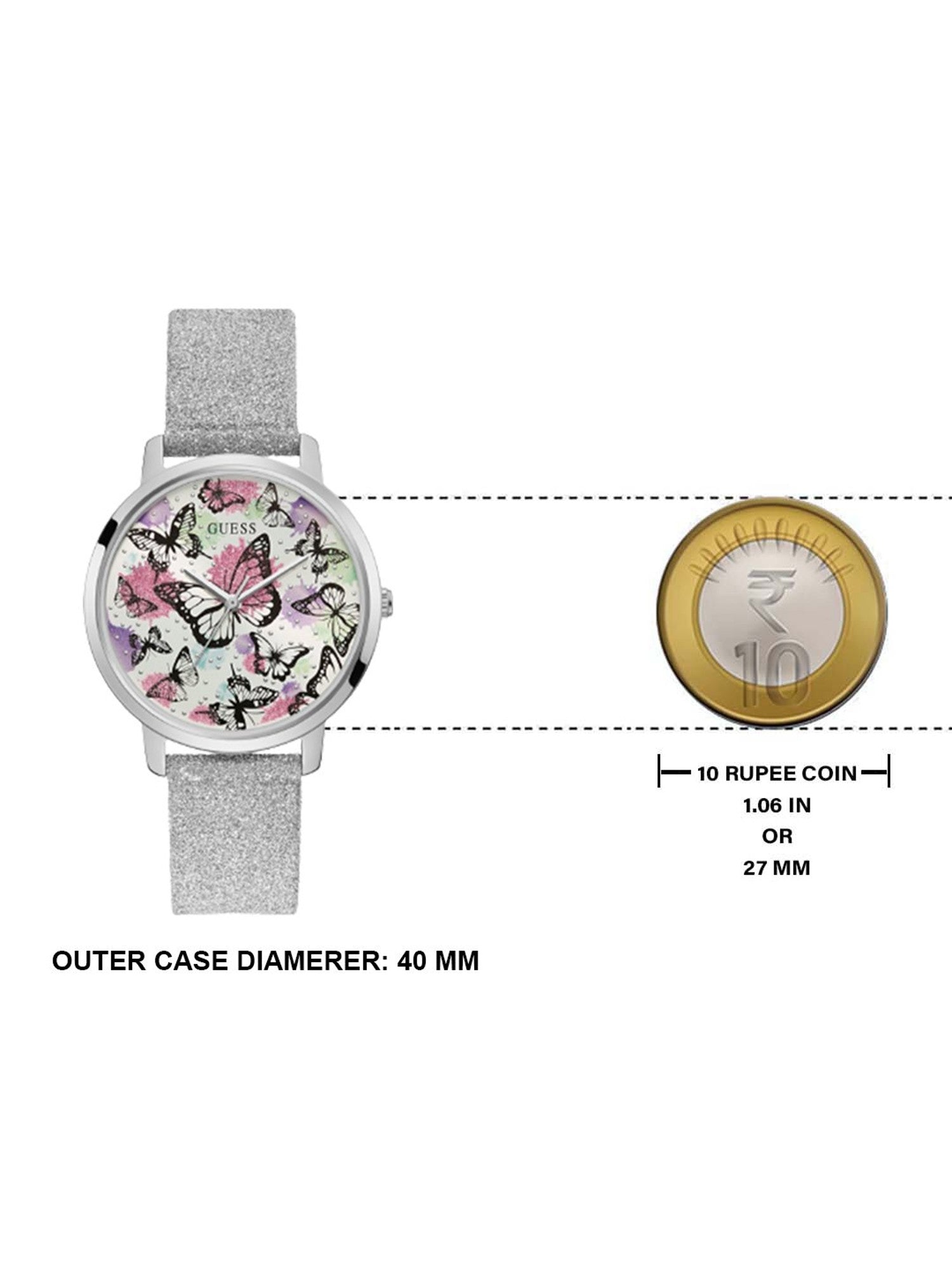Guess Sparkle Butterfly White Dial Silver Leather Strap Watch For Women - GW0008L1