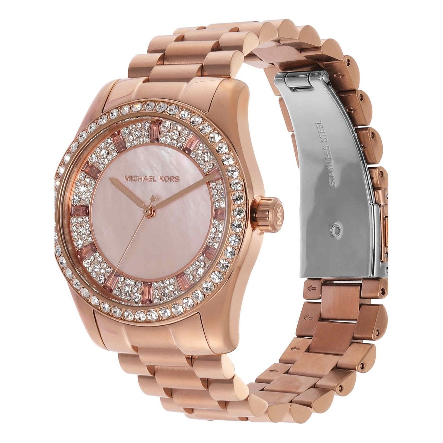  Shop Authentic Michael Kors Lexington Three Hand Mother of Pearl Pink Dial Rose Gold Steel Strap Watch For Women - MK7444 - Luxxuri