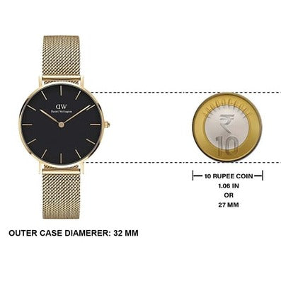 Daniel Wellington Classic Petite Black Dial Gold Mesh Bracelet Watch For Women - DW00100347