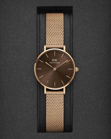 Shop Authentic Daniel Wellington Petite Amber Brown Dial Gold Mesh Strap Watch For Women - DW00100476 - Luxxuri