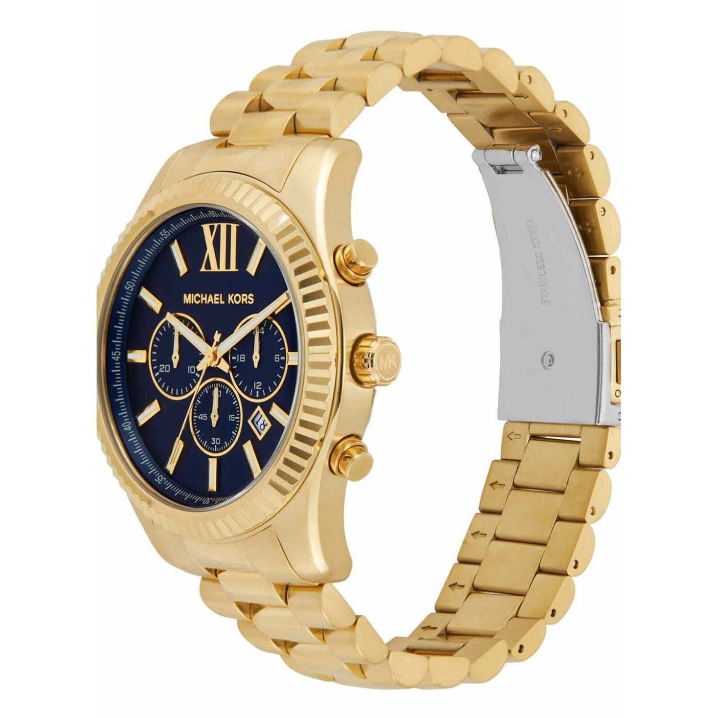  Shop Authentic Michael Kors Lexington Chronograph Blue Dial Gold Steel Strap Watch for Men - MK9153 - Luxxuri