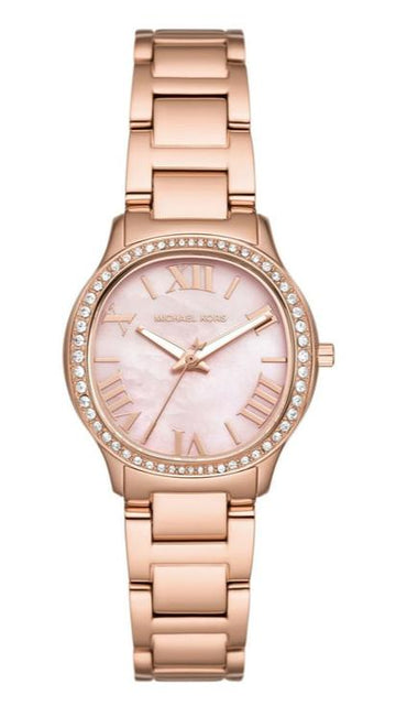  Shop Authentic Michael Kors Sage Three-Hand Crystals Mother of Pearl Dial Rose Gold Steel Strap Watch for Women - MK4823 - Luxxuri