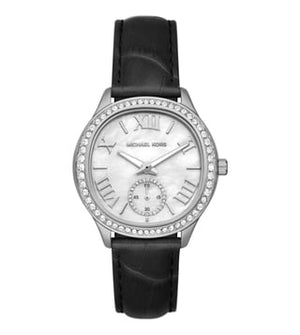  Shop Authentic Michael Kors Sage Three-Hand Mother of Pearl White Dial Black Leather Strap Watch for Women - MK4821 - Luxxuri