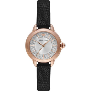  Shop Authentic Emporio Armani Mia Three Hand Crystals Silver Dial Black Leather Strap Watch For Women - AR11631 - Luxxuri