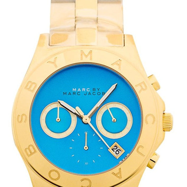  Shop Authentic Marc Jacobs Blade Chronograph Blue Dial Gold Steel Strap Watch for Women - MBM3307 - Luxxuri