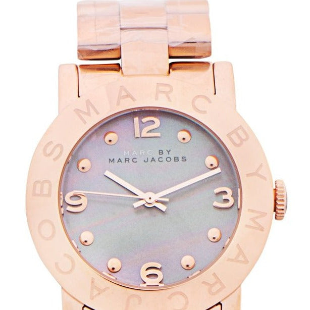 Marc Jacobs Amy Mother of Pearl Black Dial Rose Gold Steel Strap Watch for Women - MBM8610