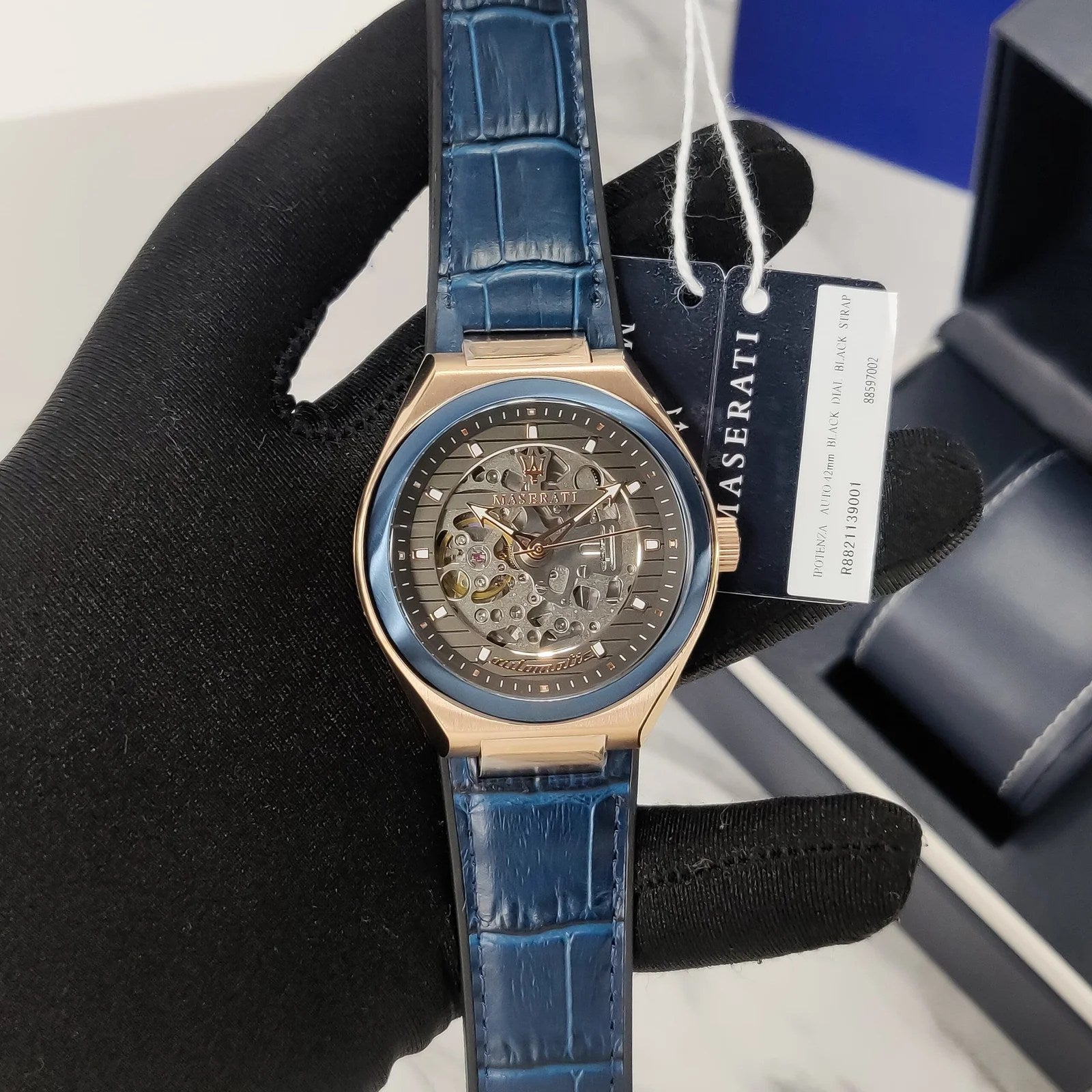  Shop Authentic Maserati Triconic Skeleton Black Dial Blue Leather Strap Watch For Men - R8821139001 - Luxxuri