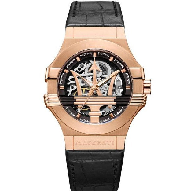 Maserati Potenza Automatic Rose Gold Dial Black Leather Strap Watch For Men - R8821108002