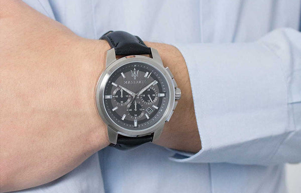  Shop Authentic Maserati Successo 44mm Grey Dial Black Leather Strap Watch For Men - R8871621006 - Luxxuri