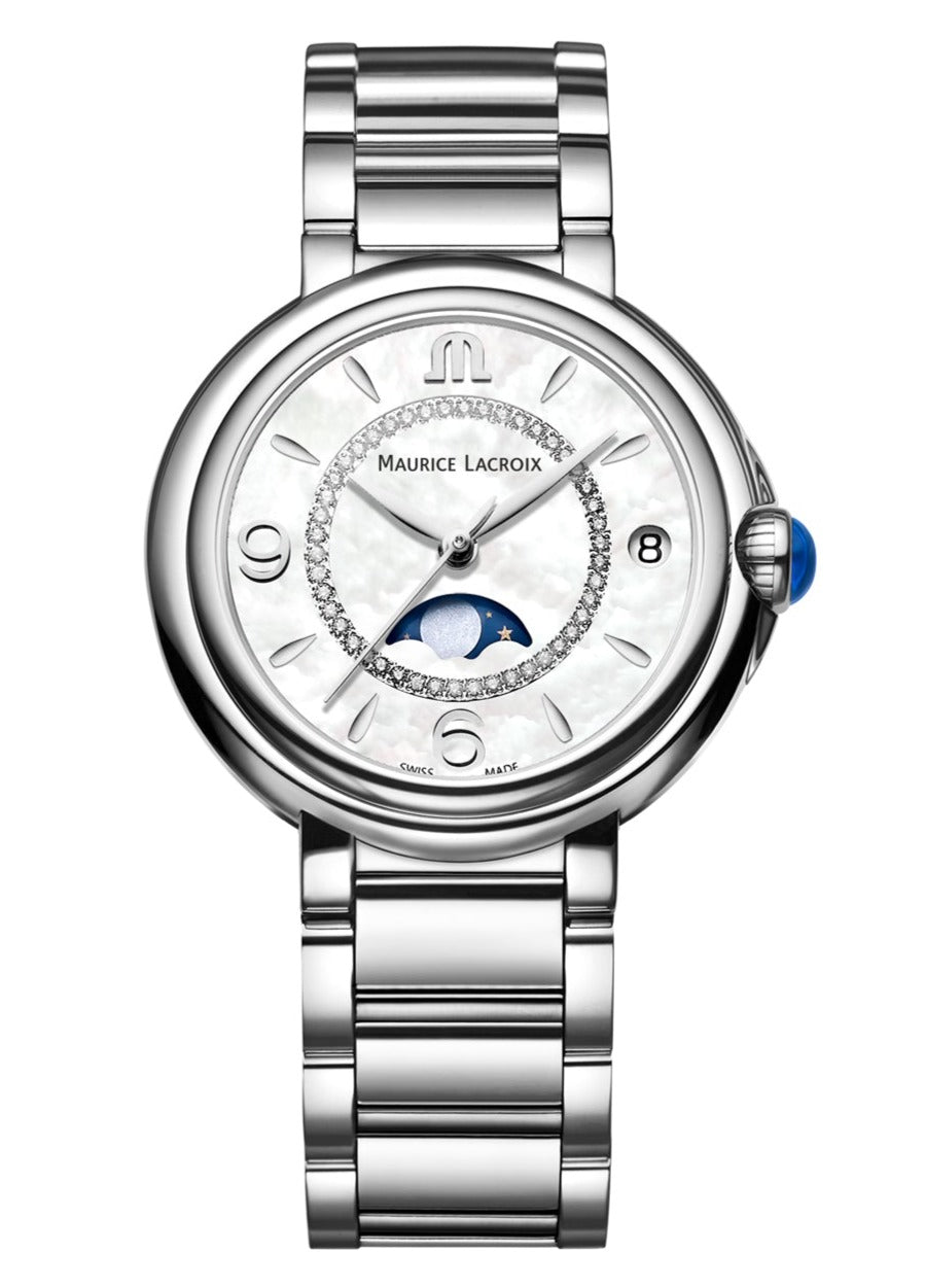  Shop Authentic Maurice Lacroix Fiaba Moonphase White Mother of Pearl Dial Silver Steel Strap Watch for Women - FA1084-SS002-170-1 - Luxxuri