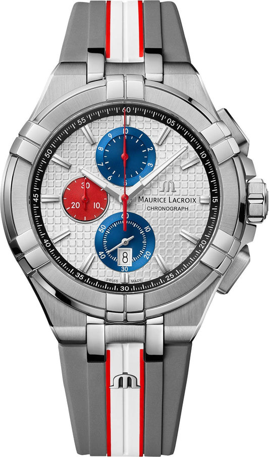  Shop Authentic Maurice Lacroix Aikon Chronograph Special Edition Mahindra Racing Silver Dial Grey Rubber Strap Watch for Men - AI1018-TT031-130-2 - Luxxuri